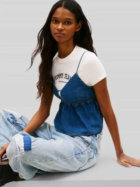Bluzka bez rękawów z denimu z czystej bawełny Tommy Jeans niebieska