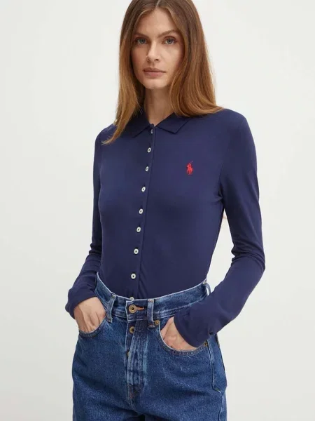 Риза Polo Ralph Lauren дамска с кройка по тялото с класическа яка тъмносиньо