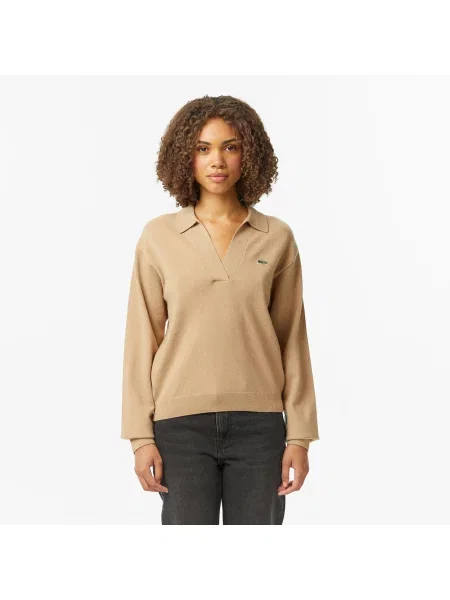 Lacoste Sweter Z Kołnierzykiem Polo O Klasycznym Kroju beżowy