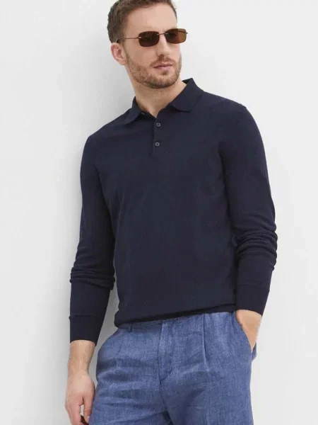 Bombažen pulover BOSS mornarsko modra