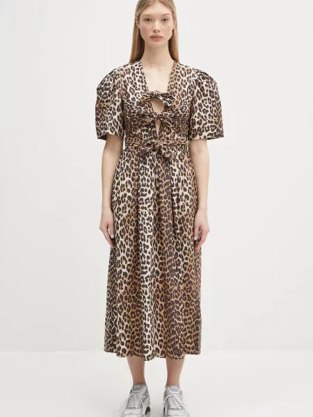 GANNI rochie din Printed Cotton Tie Strap Midi midi evazati maro
