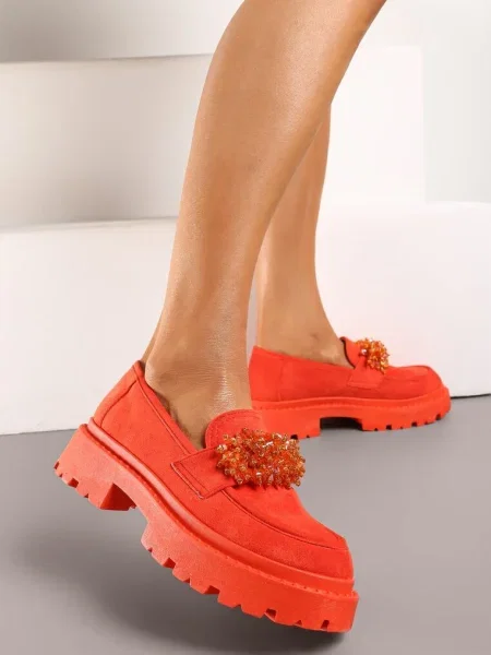 Mocasini cu Aplicație de Mărgele Bijuterie Viatalia portocalii