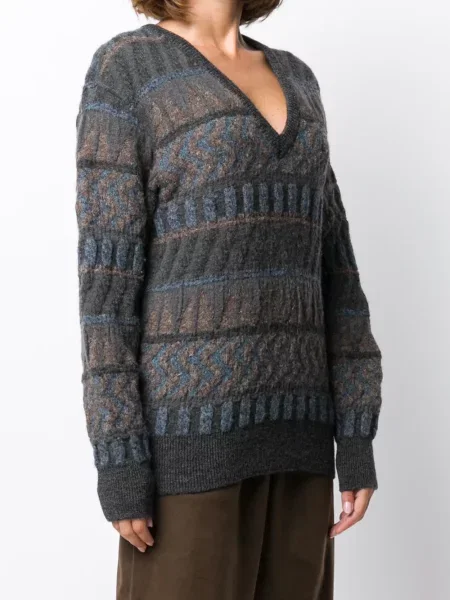 Žakárový svetr Issey Miyake Pre-owned s výstřihem do v šedý