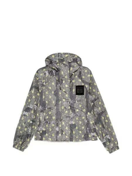 Geacă Ganni cu model floral cu glugă cu imagine gri