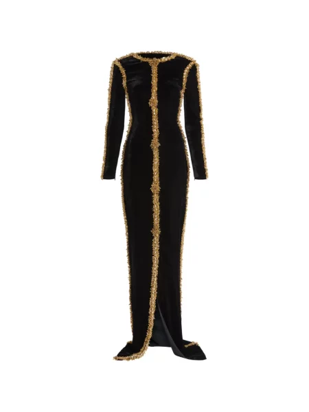 Lung rochie Balmain cu broderie de catifea negru
