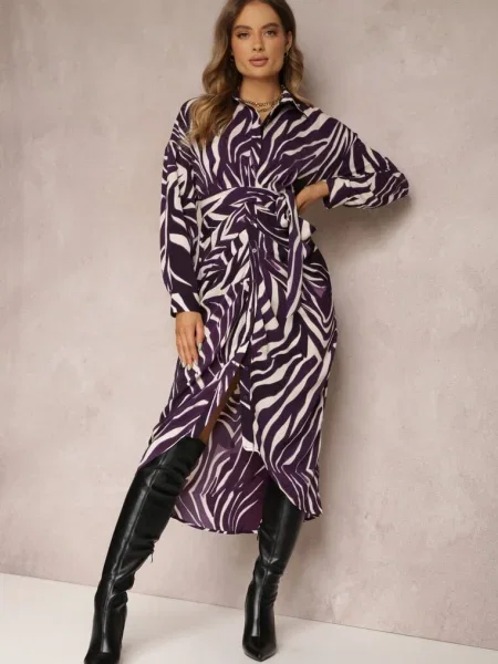 Ciemnofioletowa Sukienka Koszulowa w Zebrę Maimuna fioletowa