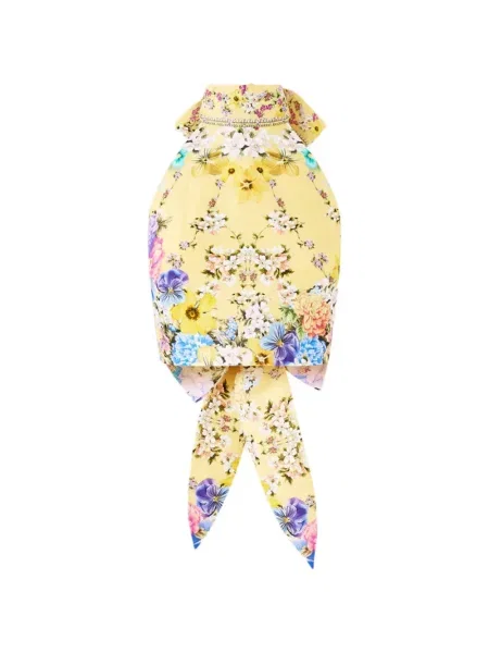 Top Camilla cu model floral cu gât halter galben