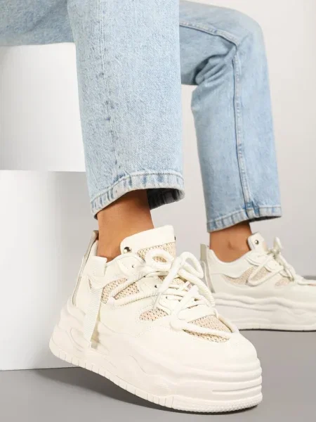 Sneakersy na Platformie Ozdobione Wiązaniem Puvira beżowe