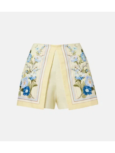 Pantaloni scurți de in Self-portrait de in cu model floral galben