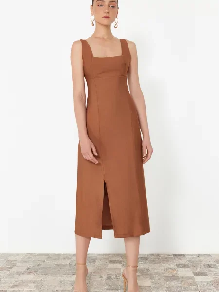 Rochie midi Trendyol până la genunchi cu crăpătură de costum maro