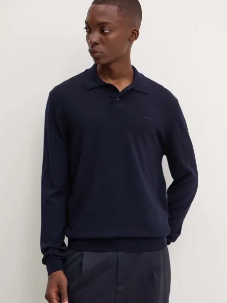 A.P.C. pulover de lana polo jacob logo barbati marin light albastru