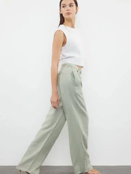 Pantaloni Trendyol cu talie înaltă de in verde