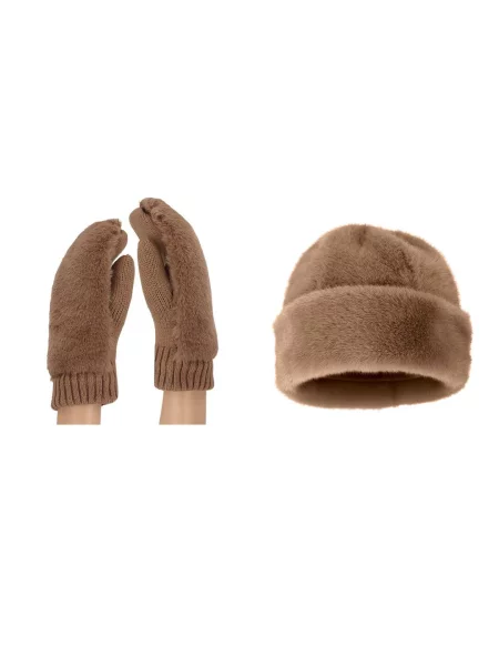 Rękawiczki Teddy i czapka puchowa uniwersalny taupe beżowe