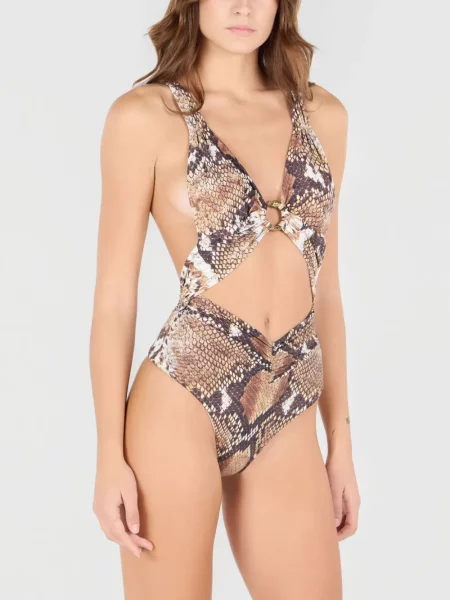 Costum de baie Roberto Cavalli cu imagine cu model piele de șarpe maro