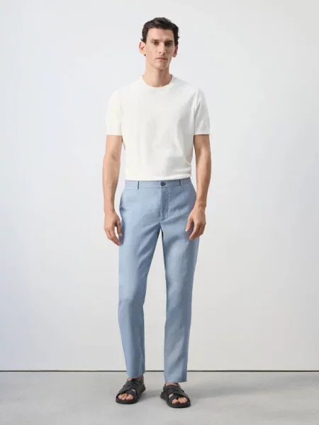 Spodnie slim fit z lnu Mężczyzna 38 MANGO MAN błękitny