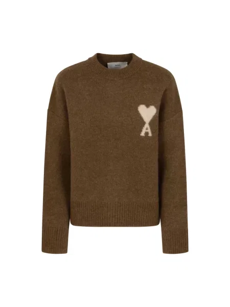 Sweter Ami Paris z okrągłym dekoltem brązowy
