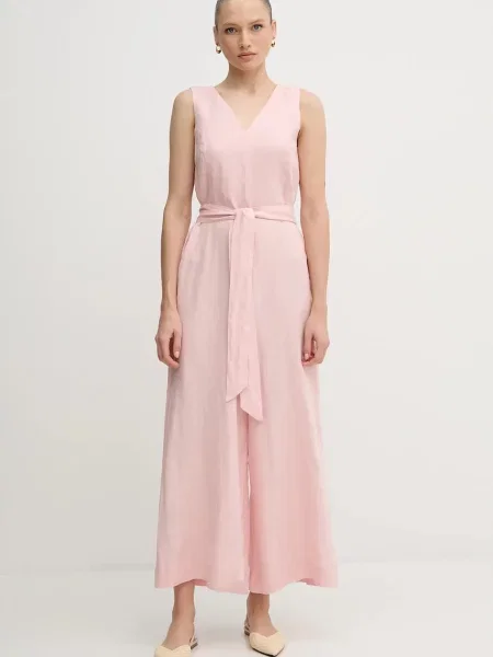 Лляний комбінезон United Colors of Benetton декольте трикутник рожевий