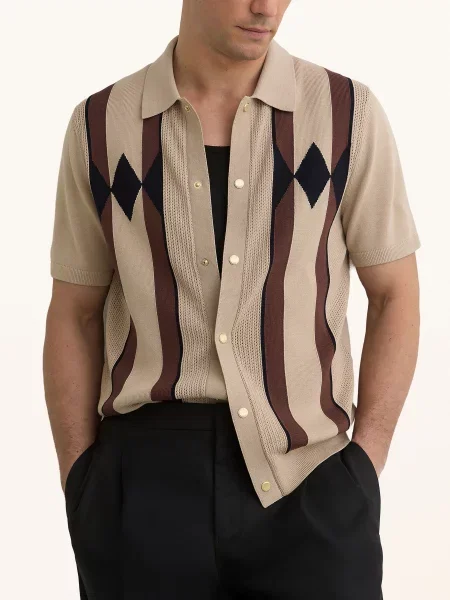 Reiss Pletená Košile Axis Slim Fit béžová / hnědá černá