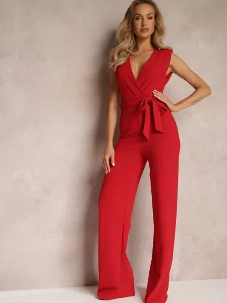 Długi Kombinezon Wiązany w Pasie z Na Ramionach Amile czerwony