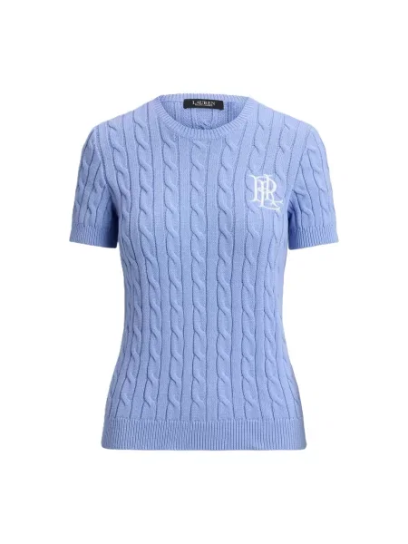 Lniany lekki sweter Ralph Lauren z krótkim rękawem niebieski