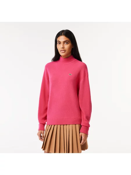 Lacoste Wełniany Sweter Z Wysokim Kołnierzem różowy