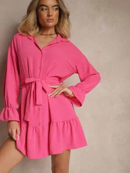 Koszulowa Sukienka Mini z Falbanką i Wiązanym Blisotta różowa