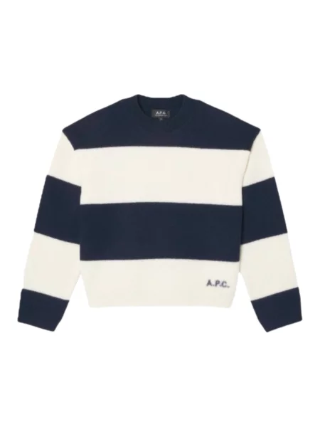 Sweter A.p.c. wełniany w paski z paskiem niebieski