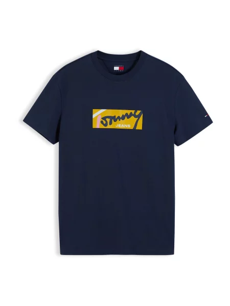 Tommy Jeans Tricou bleumarin / galben curry / roz alb