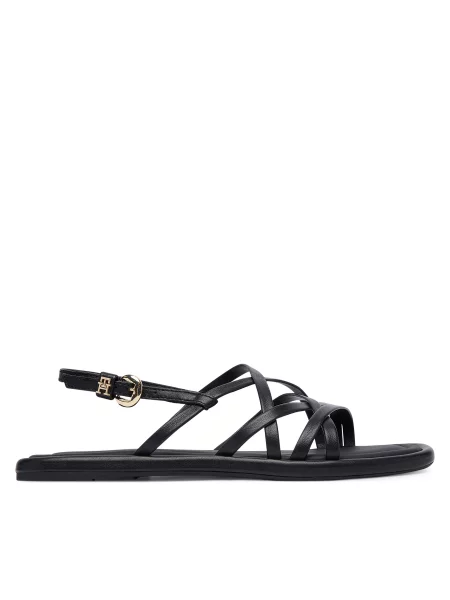 Tommy Hilfiger usnjeni sandali FLAT STRAPPY SANDAL LTH črna