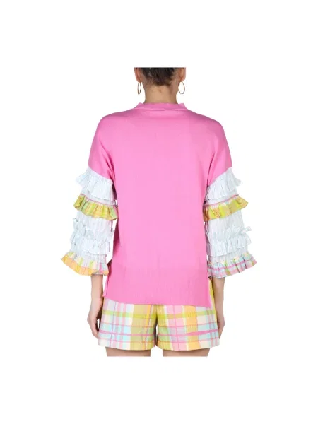 Bluzka Boutique Moschino w paski z okrągłym dekoltem różowa