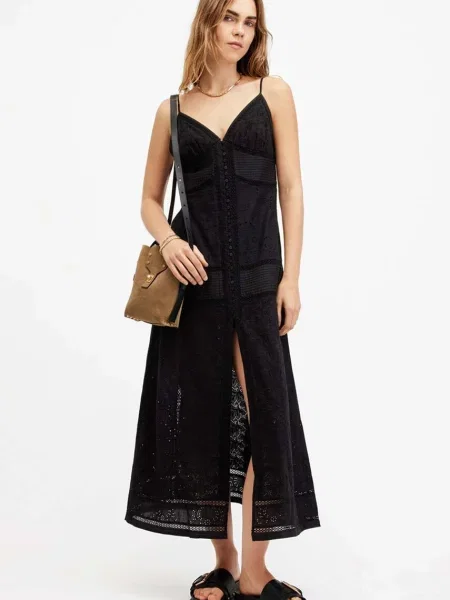 Рокля AllSaints DAHLIA EMB DRESS дълга със стандартна кройка бяло