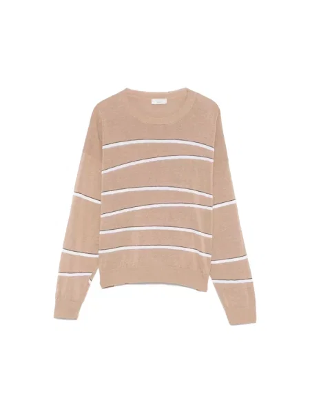 Sweter Peserico w paski z okrągłym dekoltem z paskiem brązowy