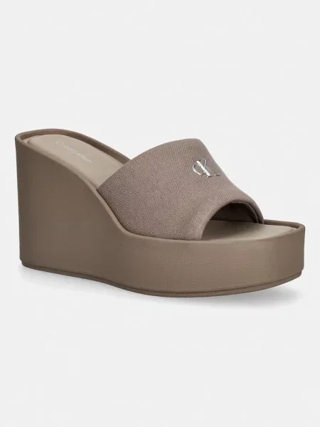 Calvin Klein natikači s polno WEDGE 70 SNDL CANV MG rjava