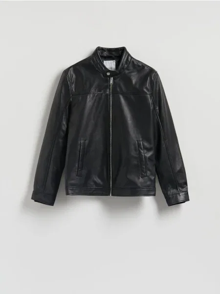Reserved Geacă de piele cu guler înalt negru