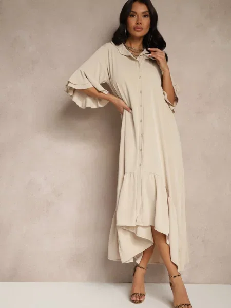 Koszulowa Sukienka Ozdobiona Falbanką Ransara beżowa