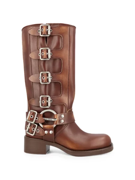 Botine Miu Miu din piele cu cataramă maro