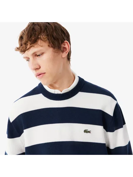 Lacoste Sweter Marynarski W Paski Z Okrągłym Dekoltem granatowy