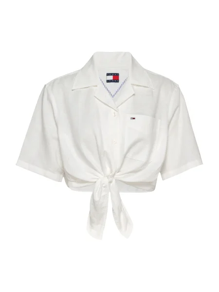 Lanena košulja Tommy Jeans ošišan bijela