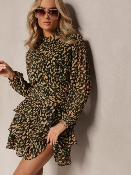 Rochie Mini bej-verde evazată cu paiete Giannes bej