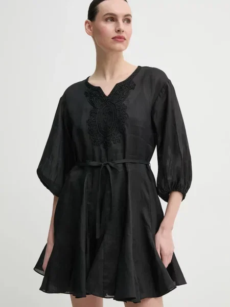 ISABELLE BLANCHE rochie din in mini evazati negru