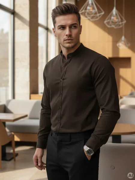 Koszula SLIM FIT casualowa ze stójką Dstreet brązowa