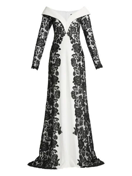 Długa sukienka maxi Tadashi Shoji w kwiatki koronkowa biała