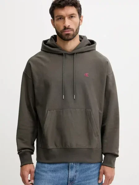 Calvin Klein Jeans bluza brązowy z kapturem z nadrukiem szara
