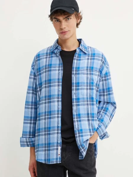 Риза Tommy Jeans мъжка със свободна кройка с класическа яка синьо