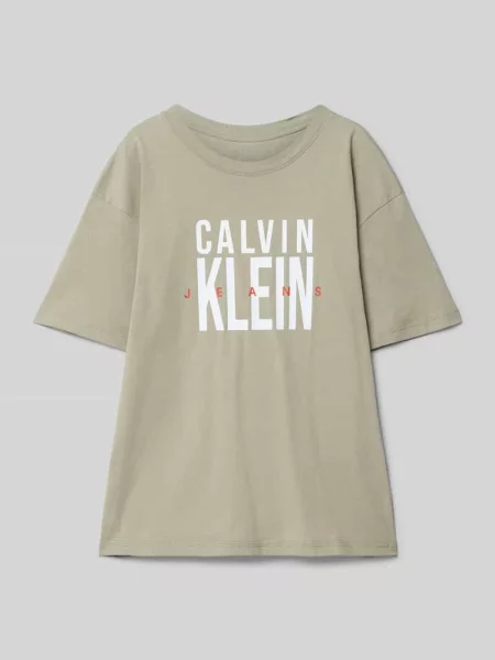 T-shirt z nadrukiem z logo Calvin Klein Jeans beżowa