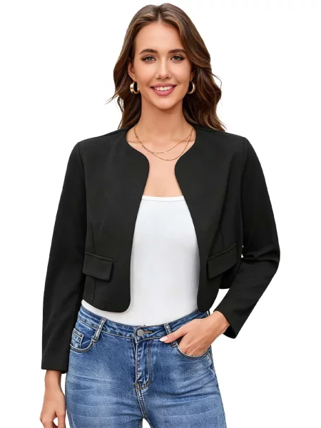 KoJooin Blejzr Damen Kurzjacke ohne Kragen mit langen Ärmeln und abgerundetem Saum Lässiger vielseitiger Cardigan' černá