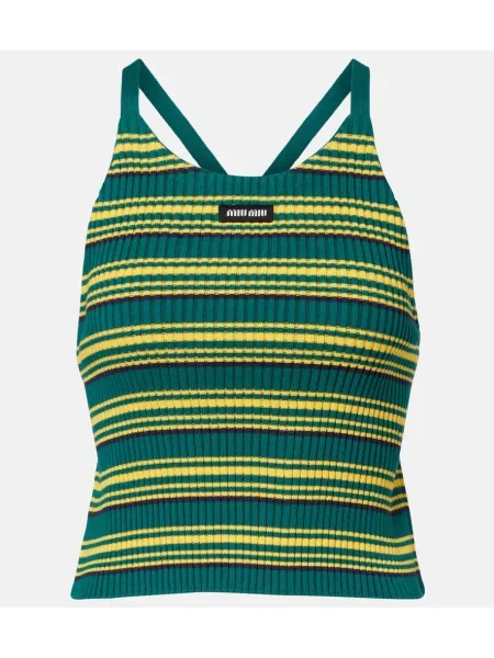 Плетен оребрен топ Miu Miu на райета зелено