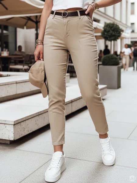 Spodnie slim fit z paskiem TAIRONIK ciemnobeżowe Dstreet
