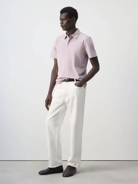 Koszulka polo slim fit z piki z mieszanki bawełny blady róż Mężczyzna M MANGO MAN