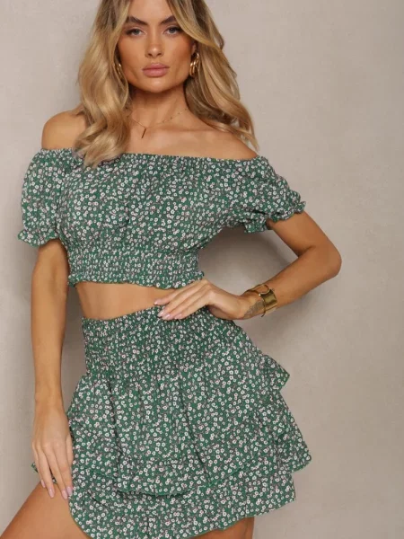 Komplet w Kwiaty Top w Stylu Hiszpanki i Spódnica z Falbanką Crispa zielony